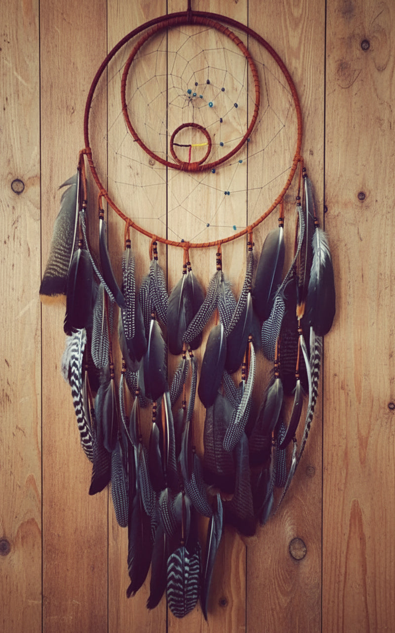 Capteur de rêves double avec roue de médecine et plumes uniques - 16 pouces - Artisanat Autochtone