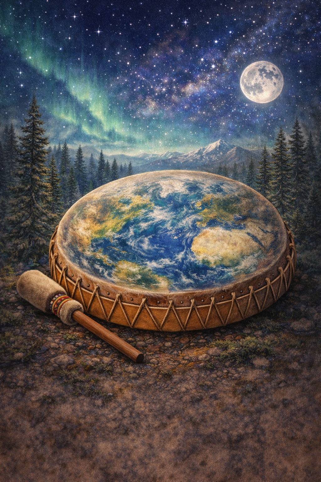 Hand-painted Indigenous drum on natural deer hide under aurora and starry night in boreal forest