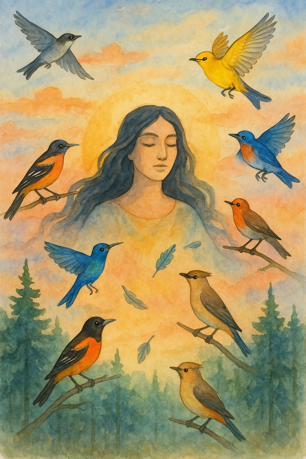 Illustration à l’aquarelle inspirée de la légende ilnu des oiseaux d’été, représentant une déesse lumineuse entourée d’oiseaux colorés volant au-dessus de la forêt boréale, symbole du retour de la chaleur et de la lumière.