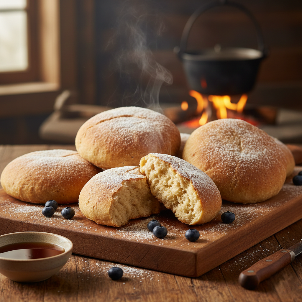 Alt FR : bannique autochtone traditionnelle sur planche de bois  Alt EN : traditional Indigenous bannock bread on wooden board