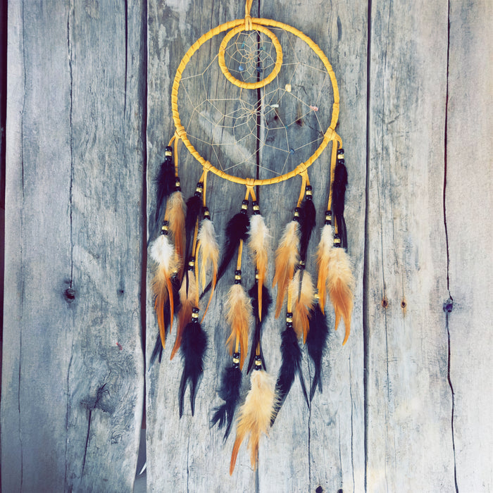 Handmade black yellow moose hide 8-inch dream catcher