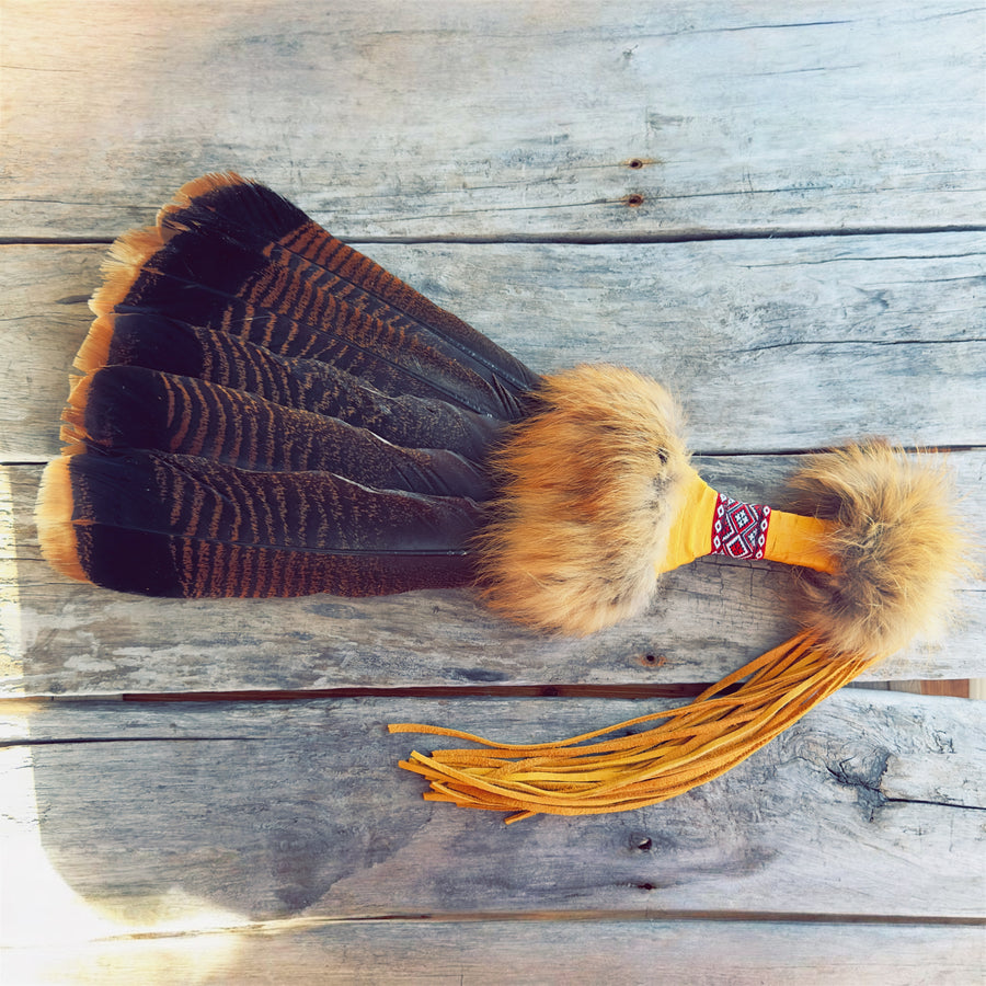 Large ceremonial smudgefan with natural fur – unique piece