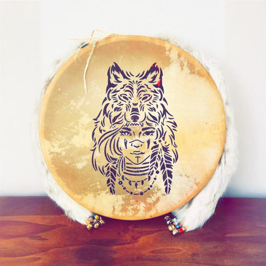 Indigenous drum made of hand-painted deer hide – Wolf Woman, Innu creation