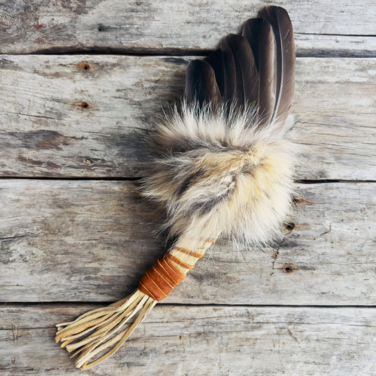 Smudge fan coyote and goose feather – Ceremonial purification tool