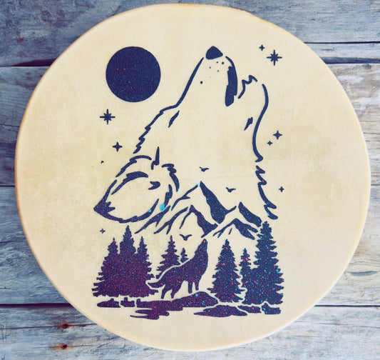 Tambour chamanique avec loup hurlant