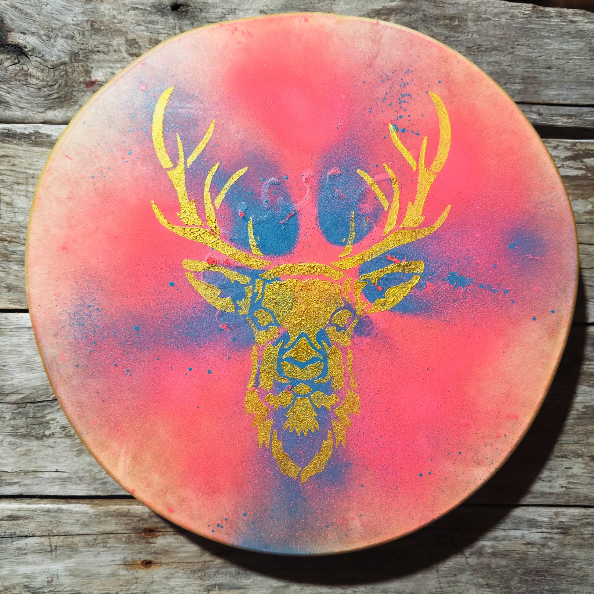 Tambour Autochtone en Peau de Cerf 14 Pouces - Cerceau de Frêne Peint à la Main
