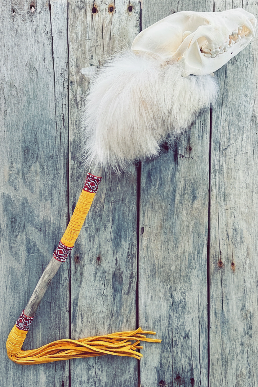 Ceremonial art staff: white wolf skull and moose hide