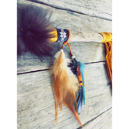 Talking stick with natural cream feathers and leather wrapping, Indigenous handmade