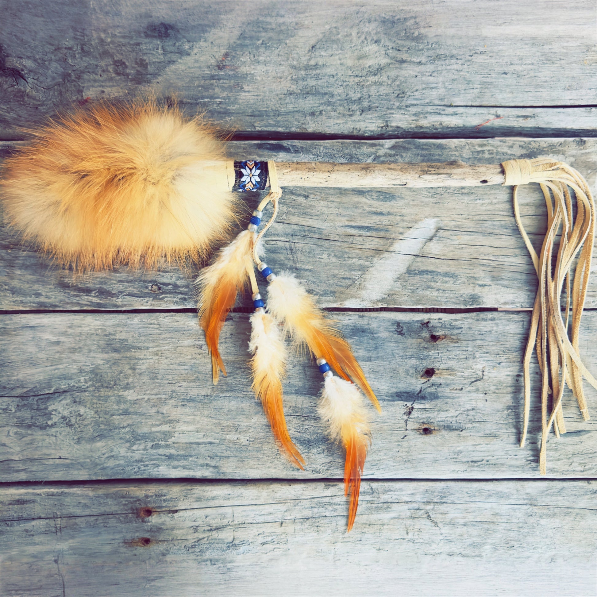 talking stick beige leather fox fur blue Navajo pattern