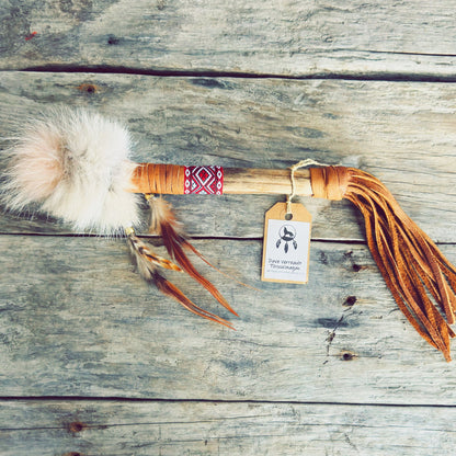 talking stick brown leather fox fur gold beads