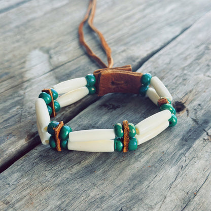 Handmade bone bead bracelet with genuine moose leather, minimalist Indigenous jewelry