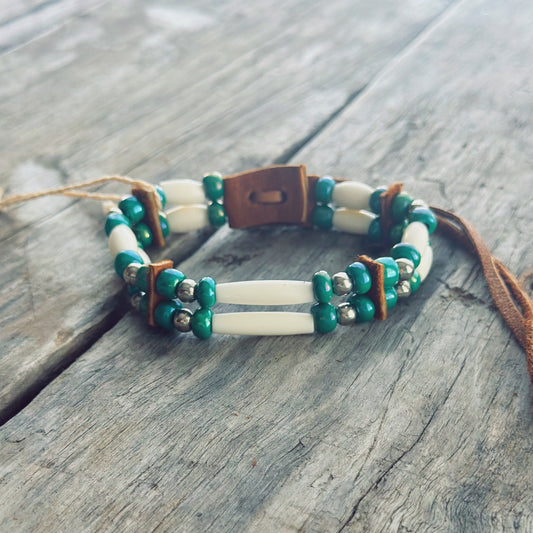 Handmade bone and green glass bead bracelet with genuine moose leather, healing Indigenous jewelry
