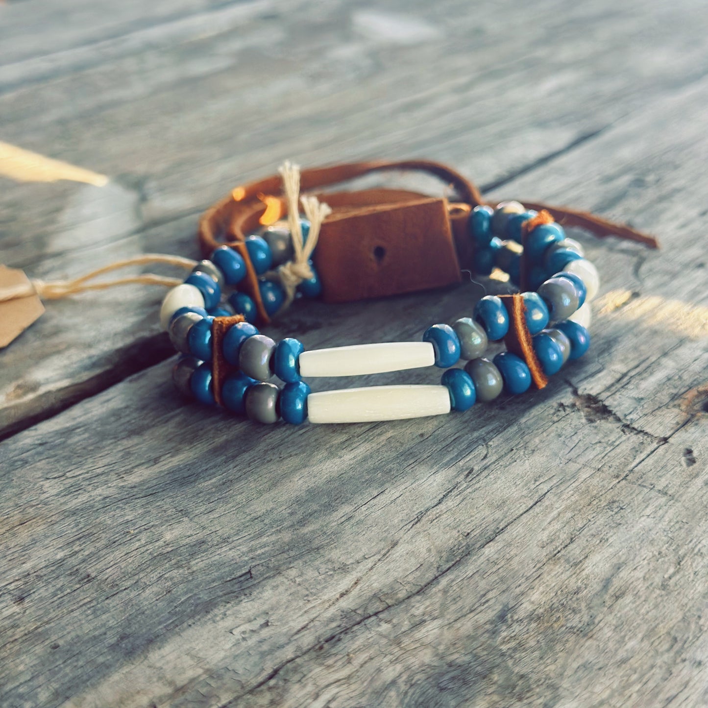 Handmade bone and glass bead bracelet with genuine moose leather, ancestors inspired Indigenous jewelry
