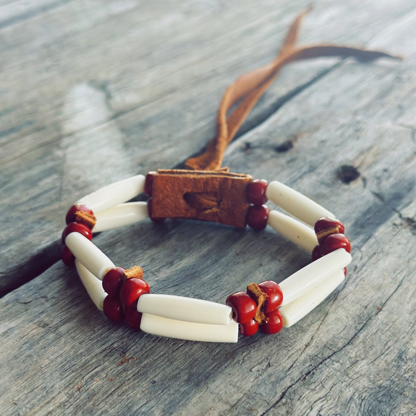Handmade bone and red gray glass bead bracelet with genuine moose leather, ancestral Indigenous jewelry