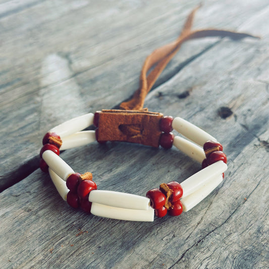 Handmade bone and red gray glass bead bracelet with genuine moose leather, ancestral Indigenous jewelry