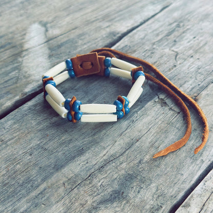 Handmade bone and blue glass bead bracelet with genuine moose leather, calming Indigenous bracelet
