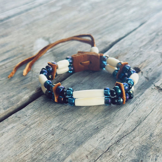 Handmade bone and blue glass bead bracelet with genuine moose leather, calming Indigenous jewelry