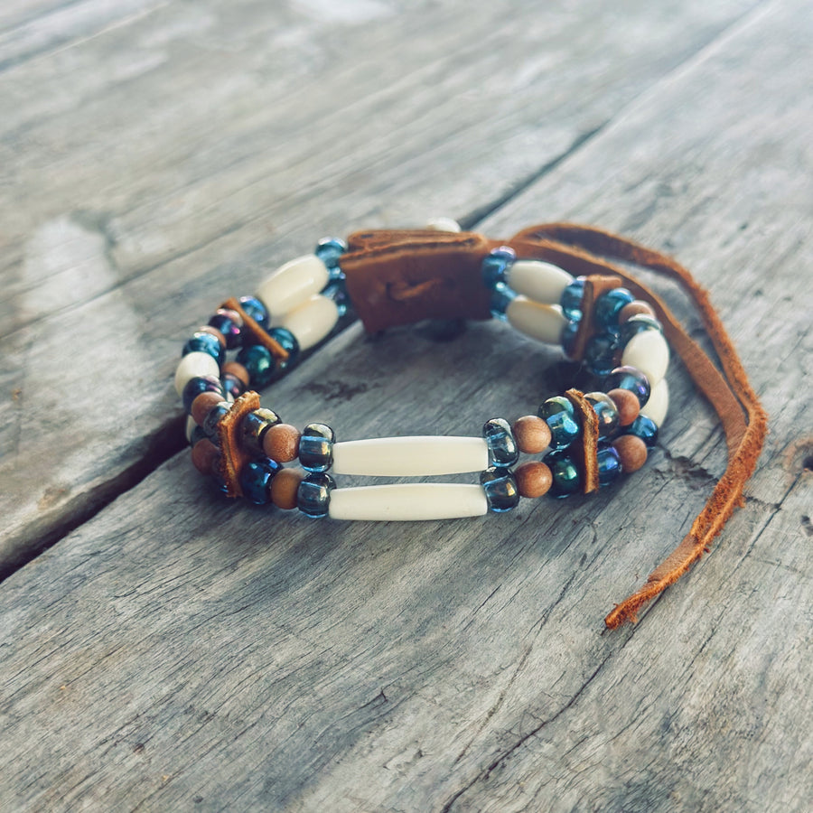 Roots and Rivers Bracelet – bone beads, glass beads, wood beads and moose leather