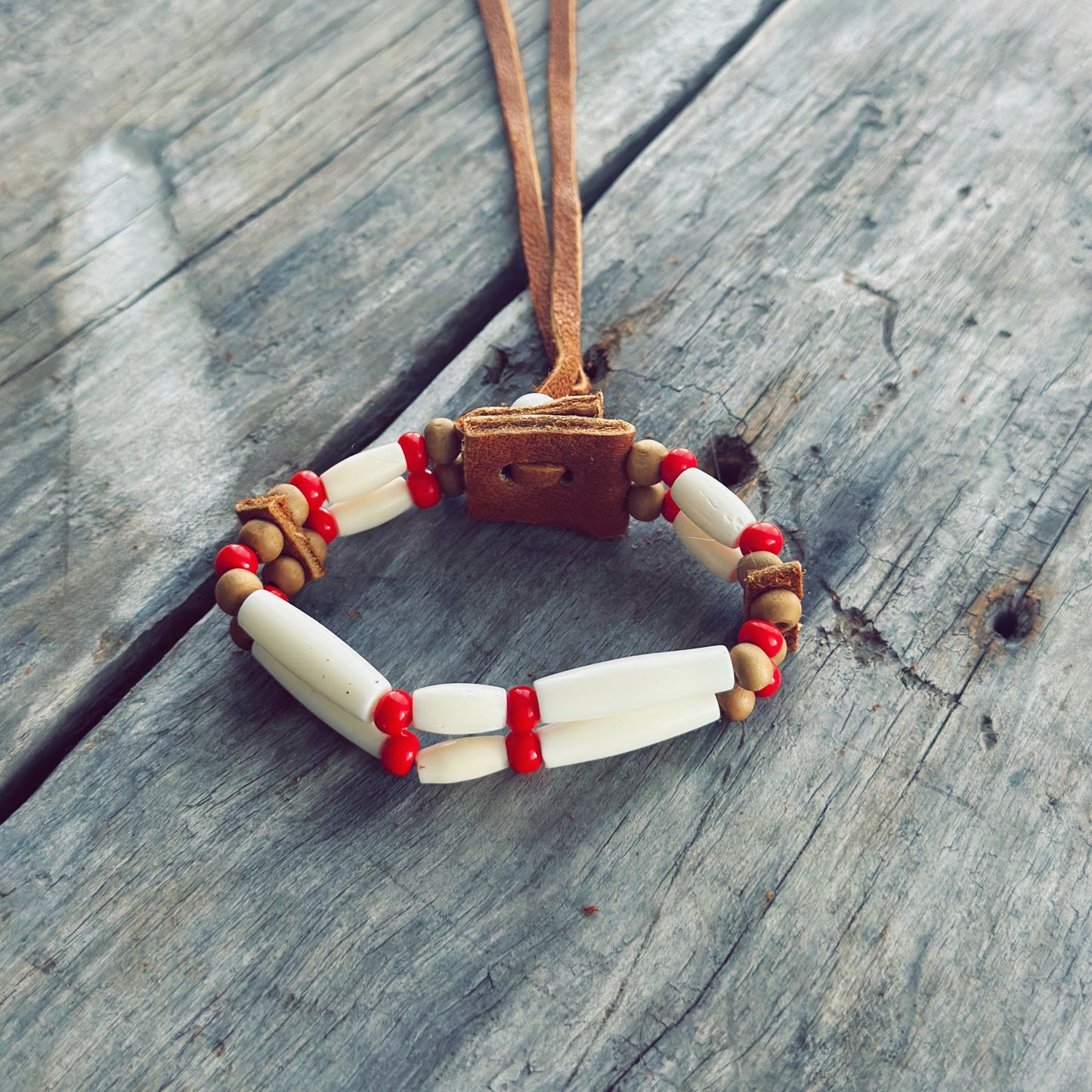Handmade bone, red glass and wood bead bracelet with genuine moose leather, Indigenous handcrafted jewelry