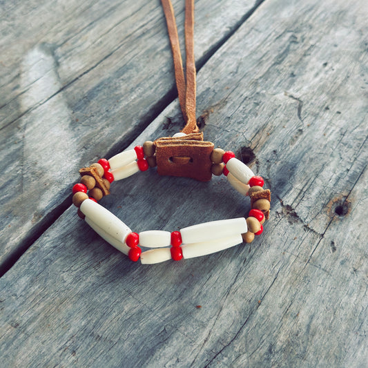 Handmade bone, red glass and wood bead bracelet with genuine moose leather, Indigenous handcrafted jewelry
