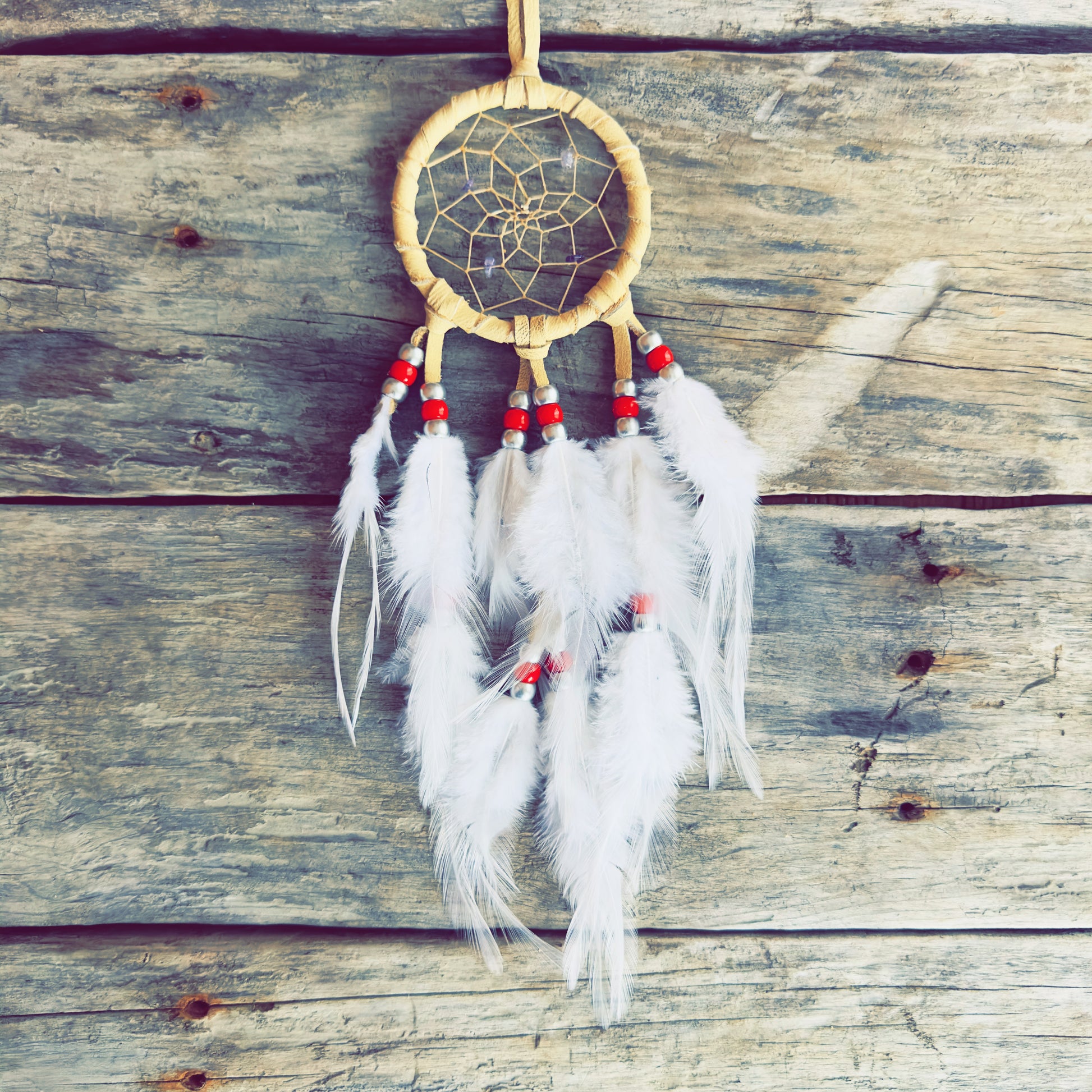 Natural style Indigenous dreamcatcher with feathers and leather
