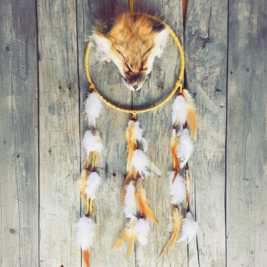 Capteur de rêves artisanal avec tête de renard sculptée et plumes naturelles.