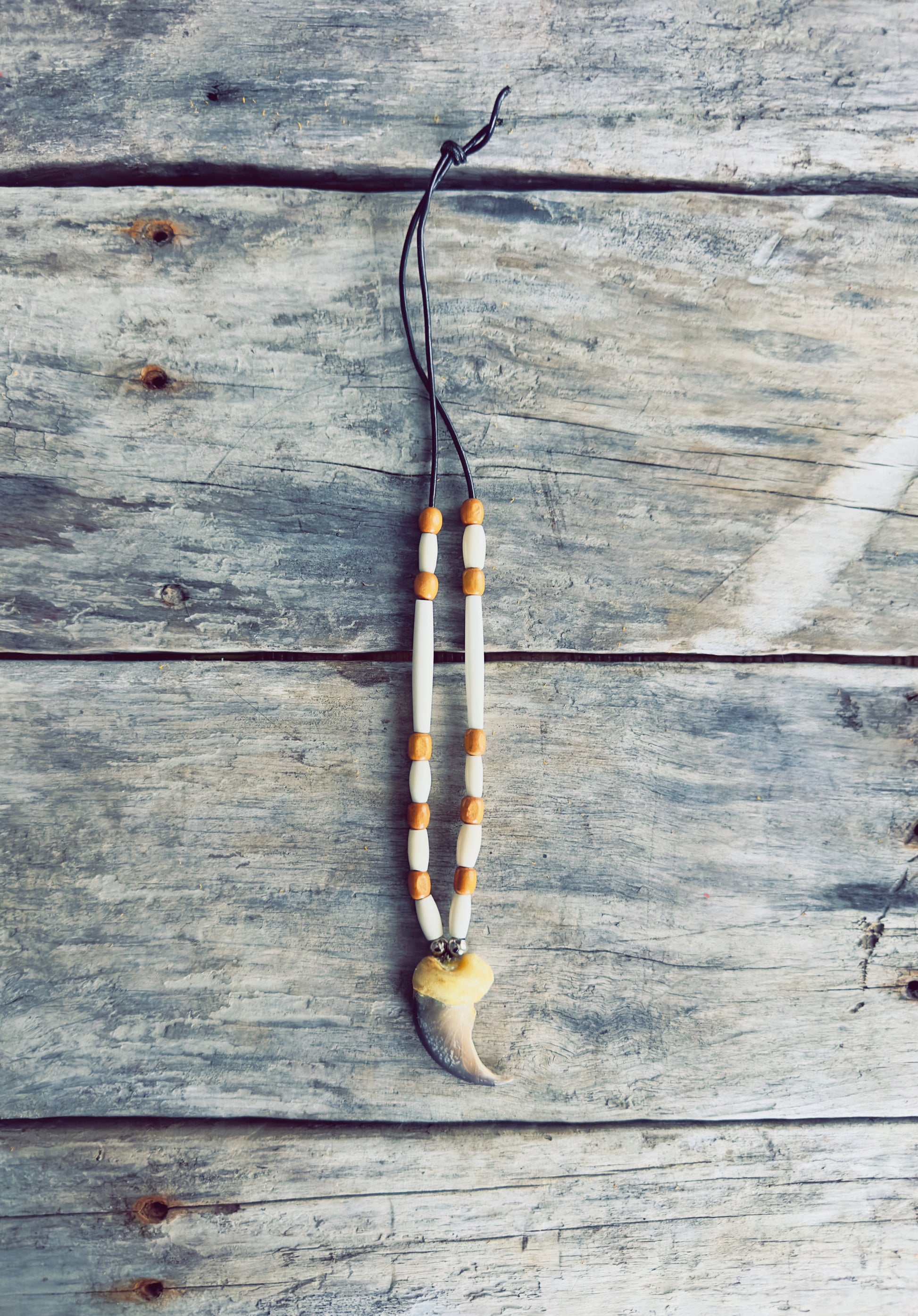Close-up of bear claw necklace with bone and wooden beads displayed on rustic wood background
