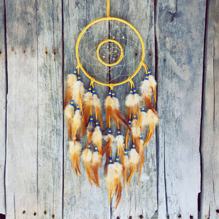 8-inch Double Dream Catcher with Blue Beads and Natural Feathers - Solar Wind