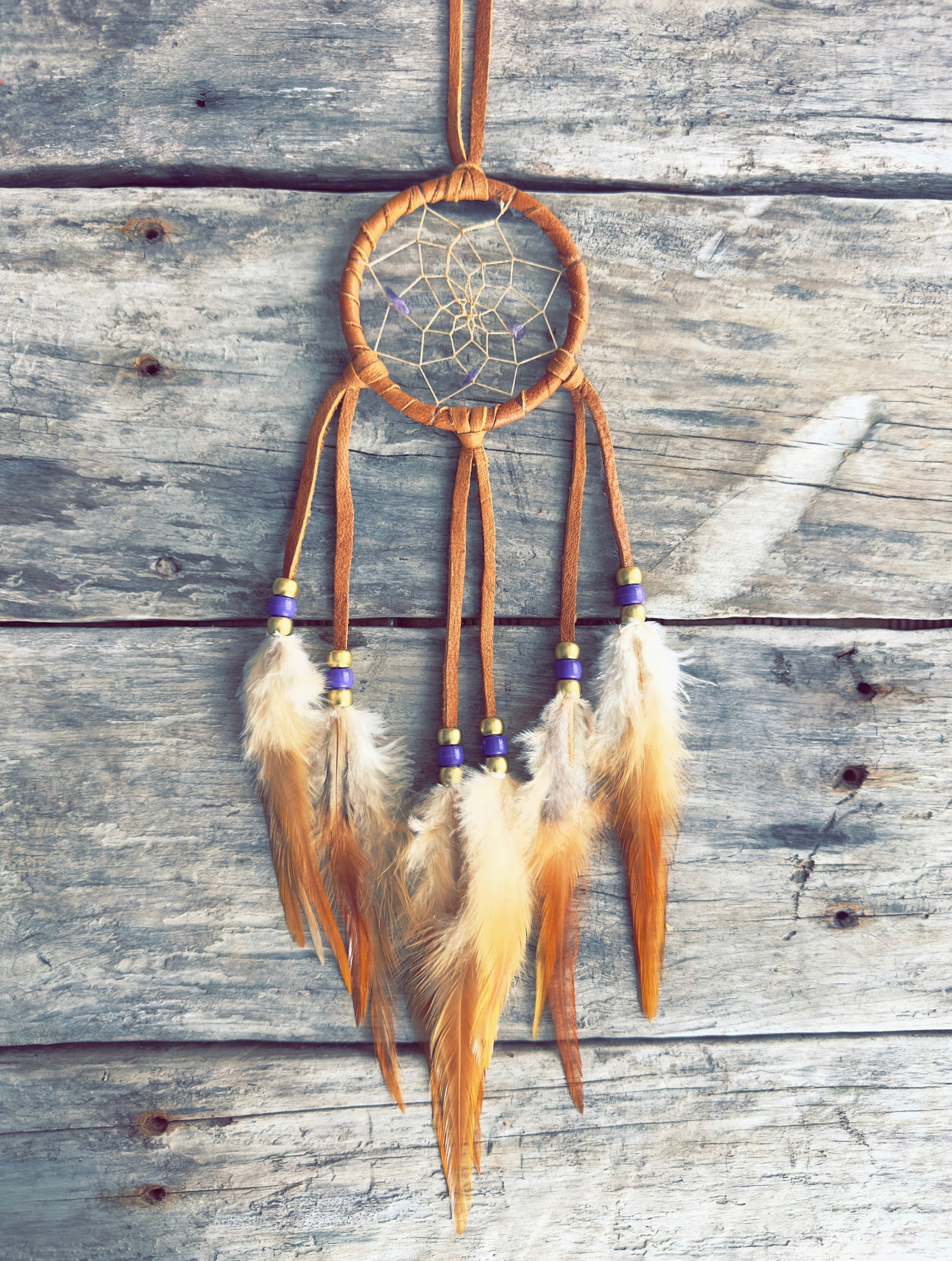 Native-style dreamcatcher used as a spiritual wall decoration with natural materials.